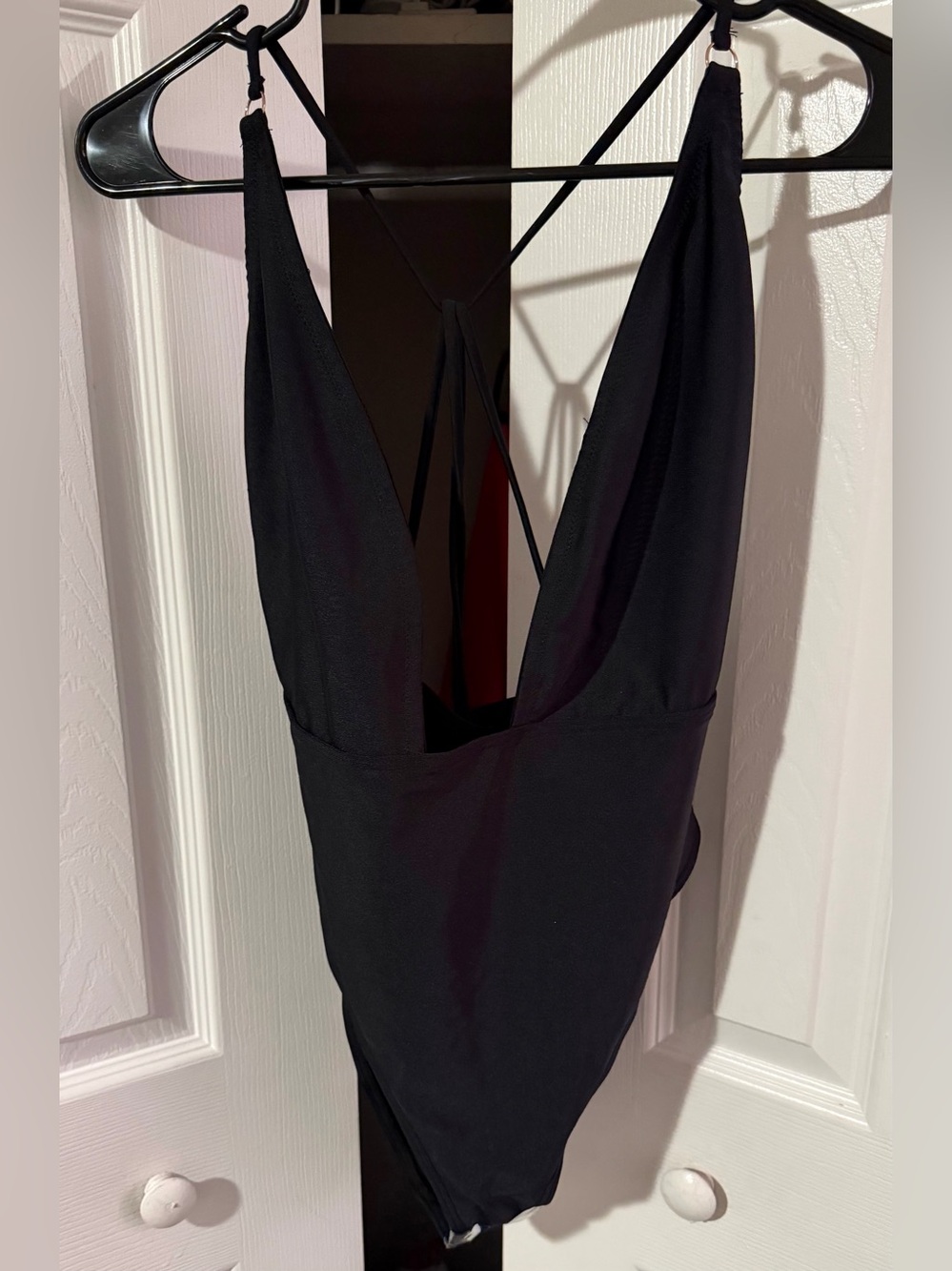 Wolf & Whistle Black Plunging V-Neck One-Piece with Strappy Open Back
